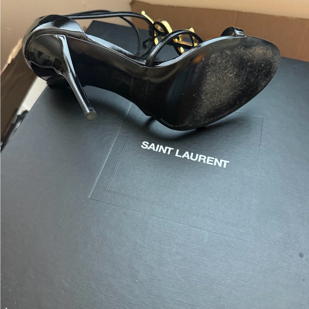 Saint Laurent Glossy Black Heels with Gold Accent - Picture 2 of 3